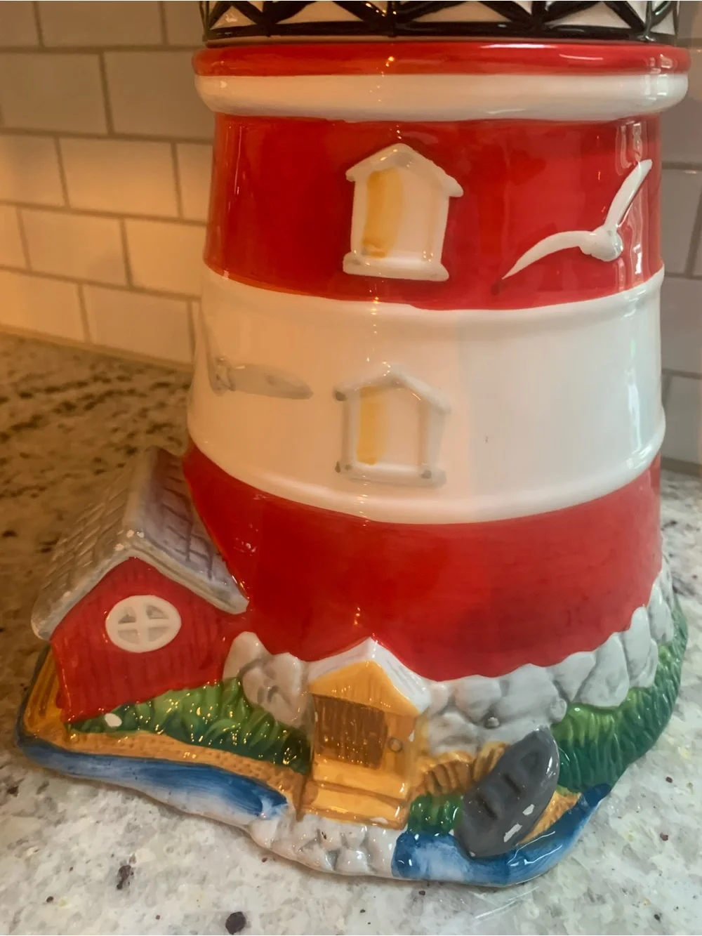 Ceramic Red & White Lighthouse Cookie Jar